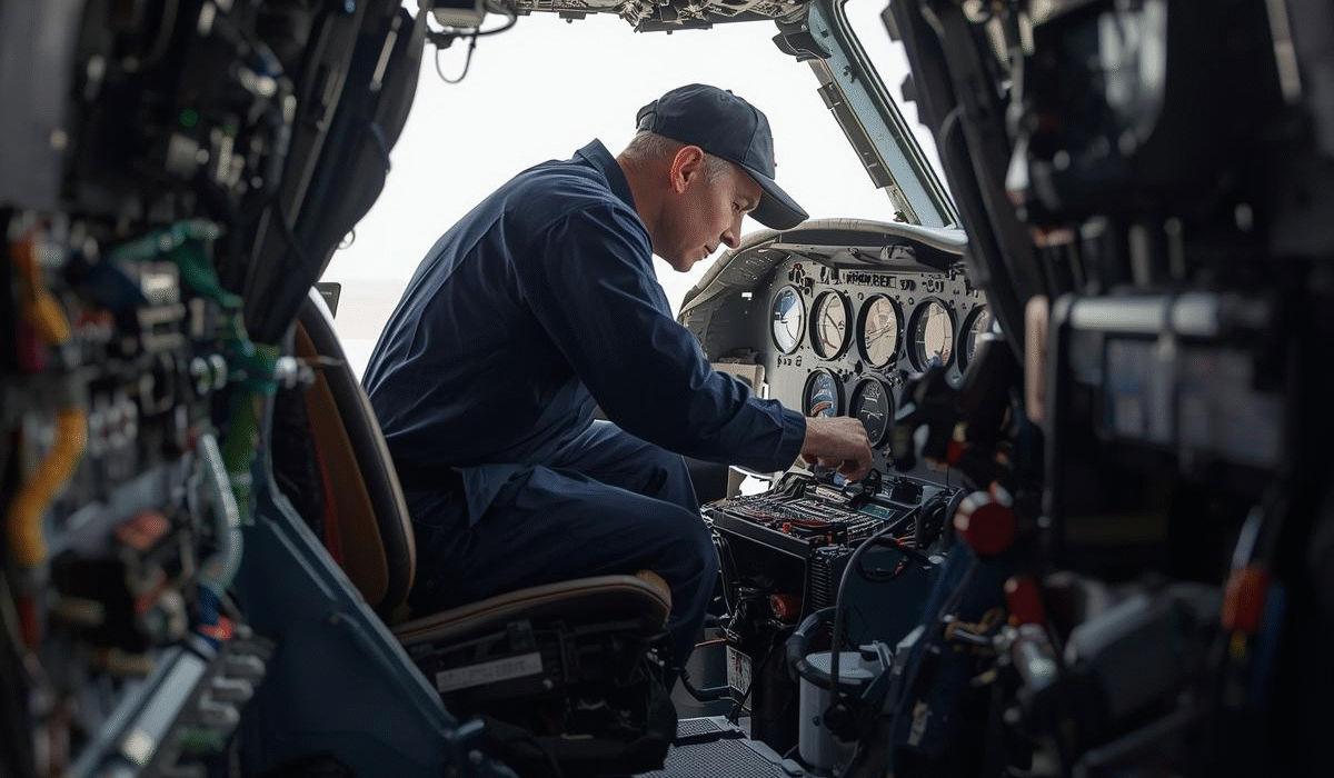 técnico de mantenimiento aeronáutico trabando en el avión