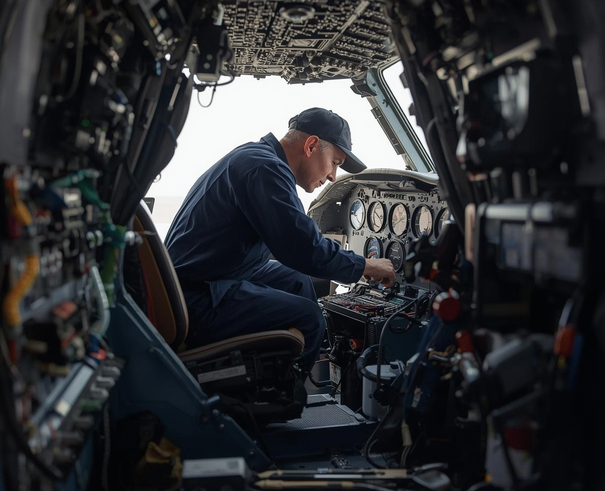 técnico de mantenimiento aeronáutico trabando en el avión