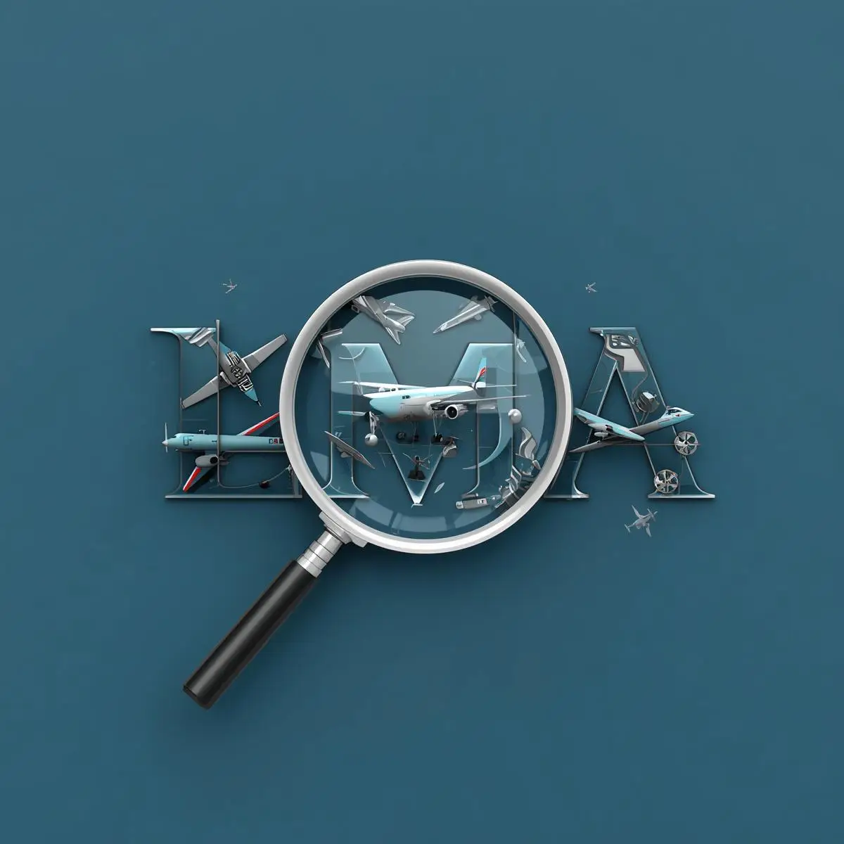 como ser LMA fondo azul con la palabra LMA con detalles relacionados con aviación y una lupa