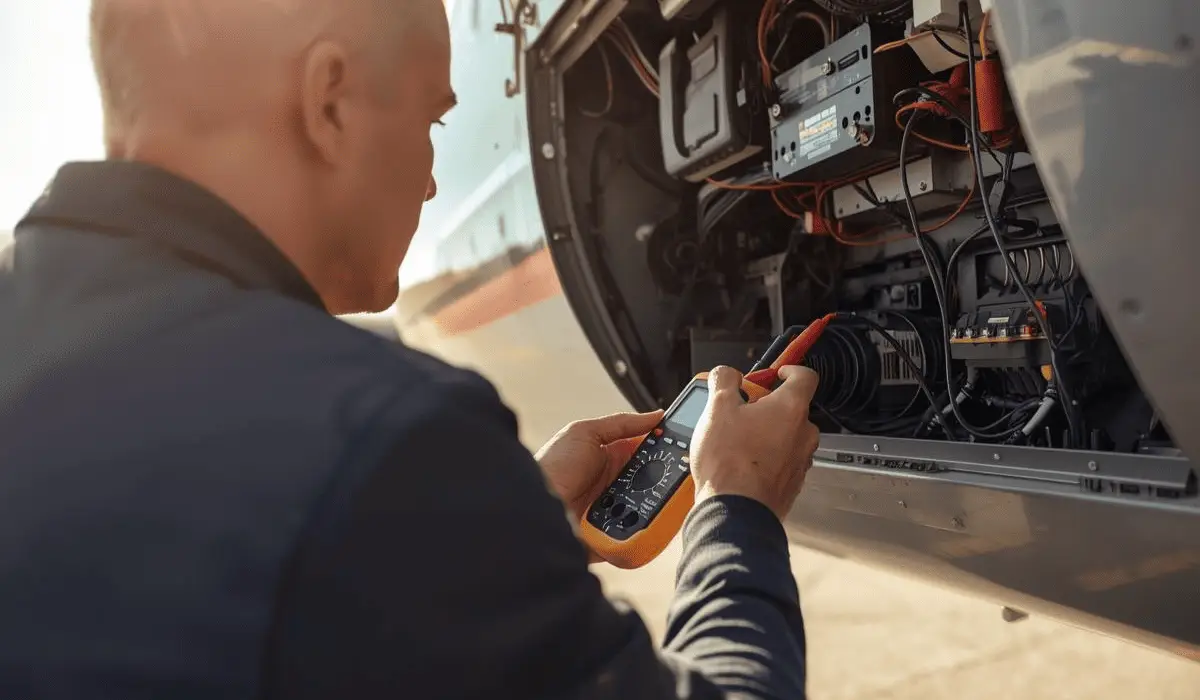 Un técnico de mantenimiento aeronáutico arreglando un avión