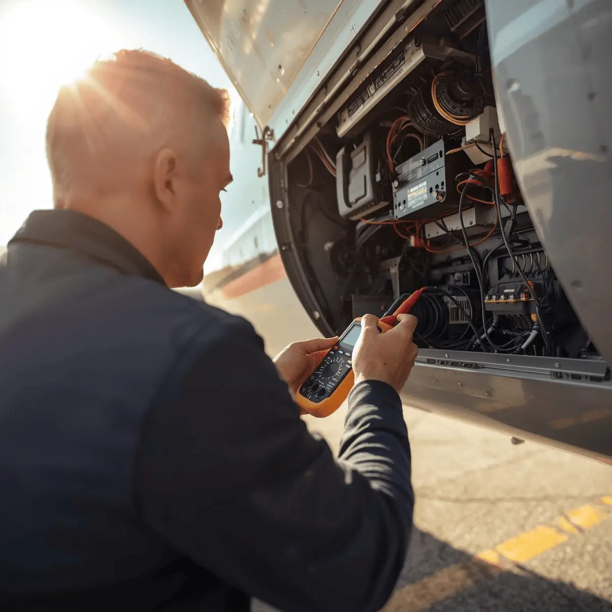 Un técnico de mantenimiento aeronáutico arreglando un avión