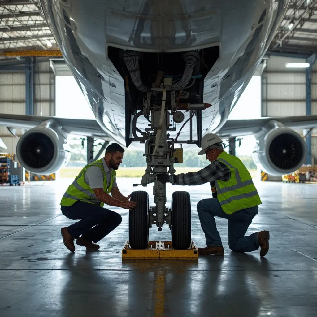 dos trabajadores arreglando la rueda del avión