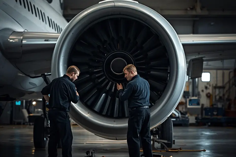 técnicos de mantenimiento trabajando en el motor del avión