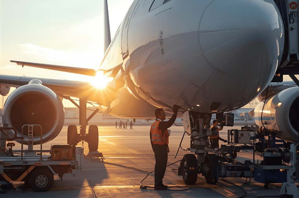 Técnicos de mantenimento aeronáutico trabajando en línea