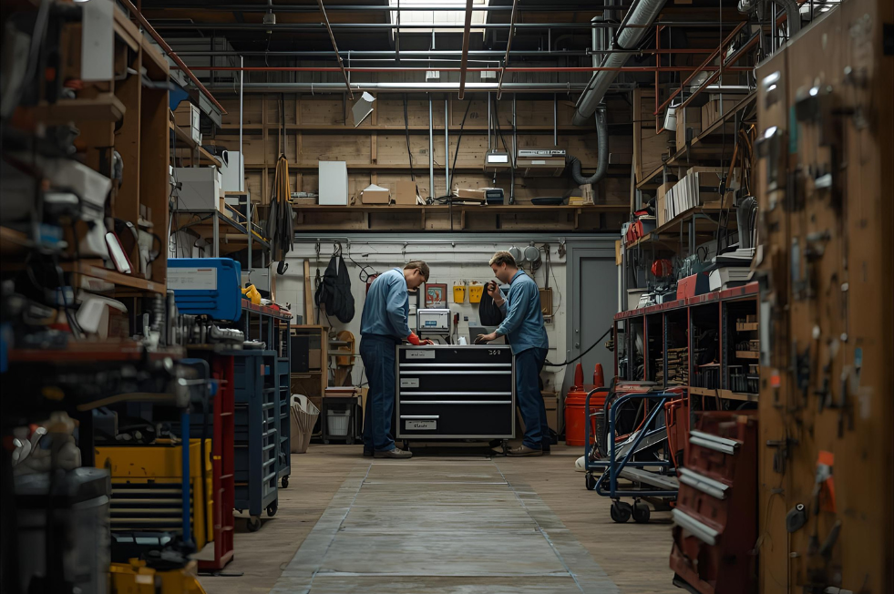 dos trabajadores en un taller aeronáutico