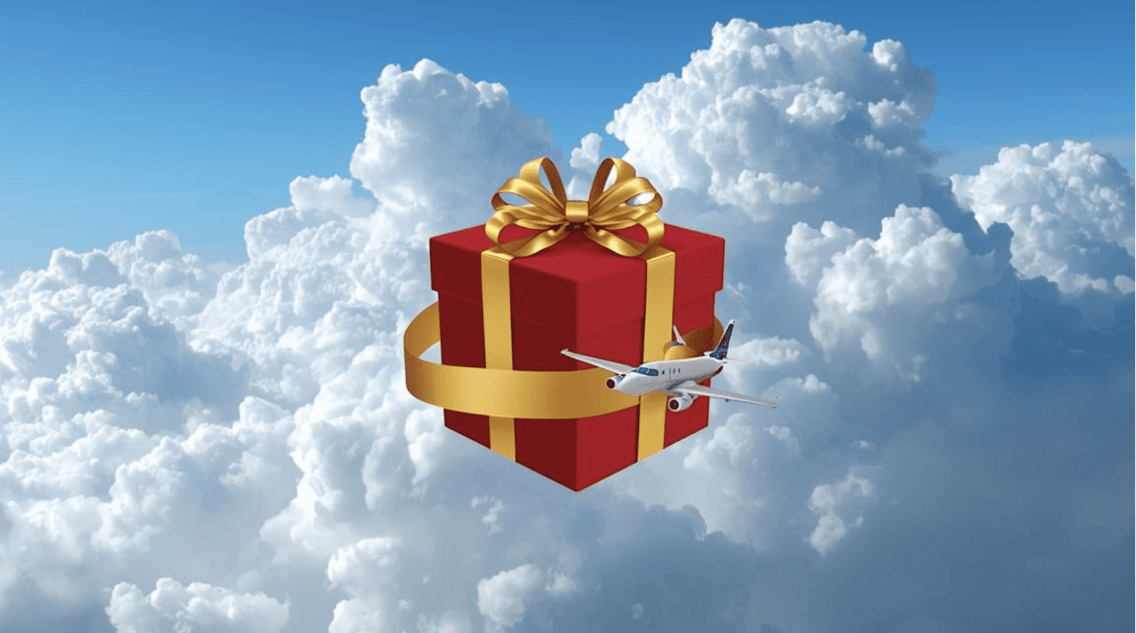 Fondo de nubes y en el medio iuna caja de regalo roja con lazo dorado envuelto por un avión.