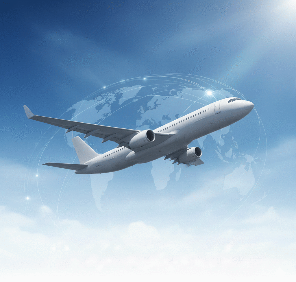 avión en el cielo volando y por detrás la silueta del mundo en color blanco que se funde con las nubes.