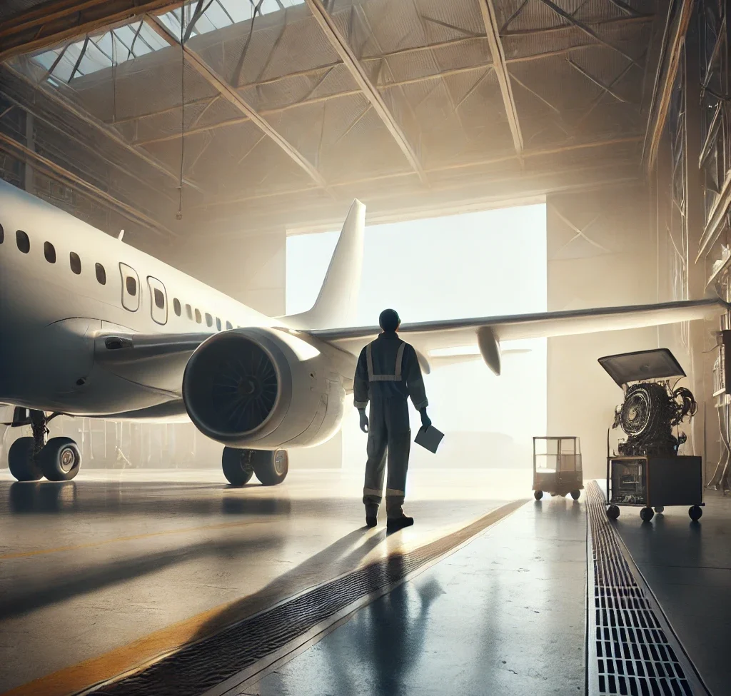 tma de espaldas en un hangar junto un avión a su izquierda