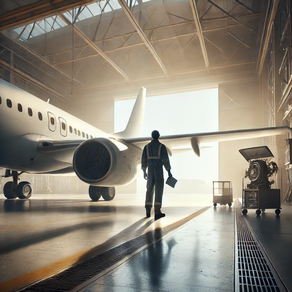 tma en hangar tma de espaldas en un hangar junto un avión a su izquierda