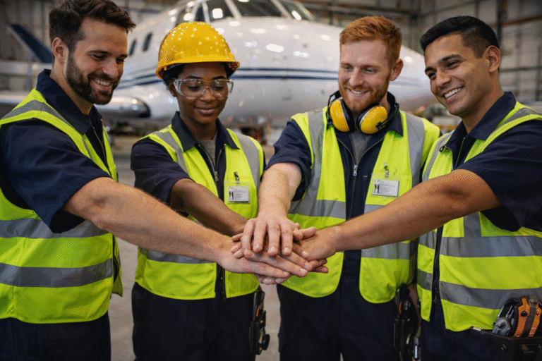 4 técnicos de mantenimiento aeronáutico en un hangar