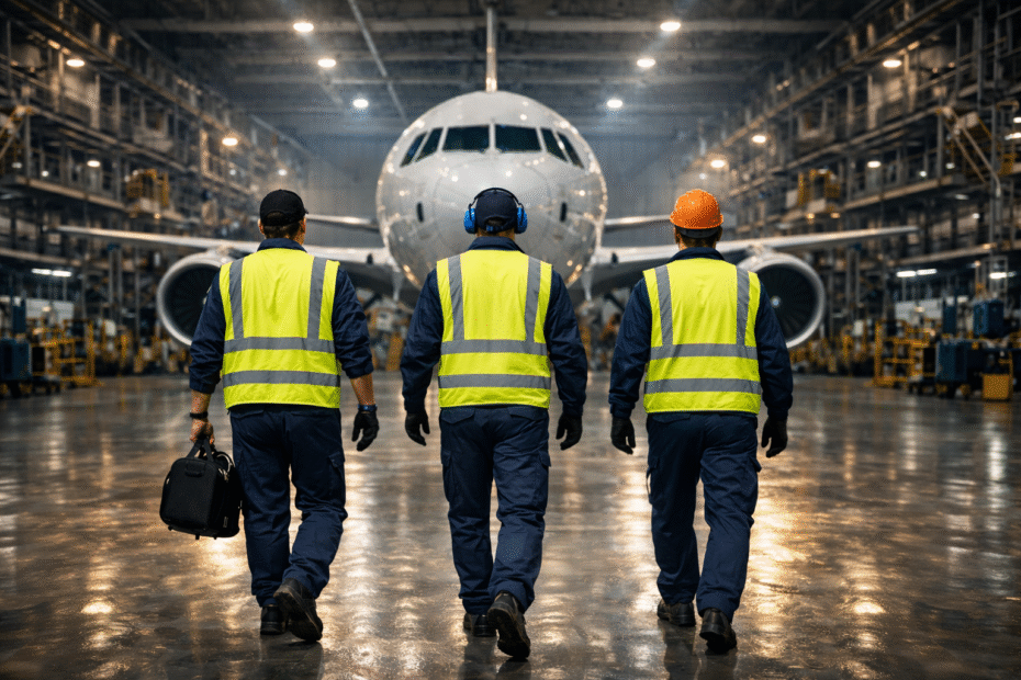 Técnicos de mantenimiento aeronáutico en hangar